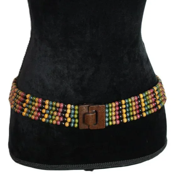 Brown Elastic Beaded Waist Belt Women Brown Elastic Ethnic Style Belt Orange Gold Black  main image 2